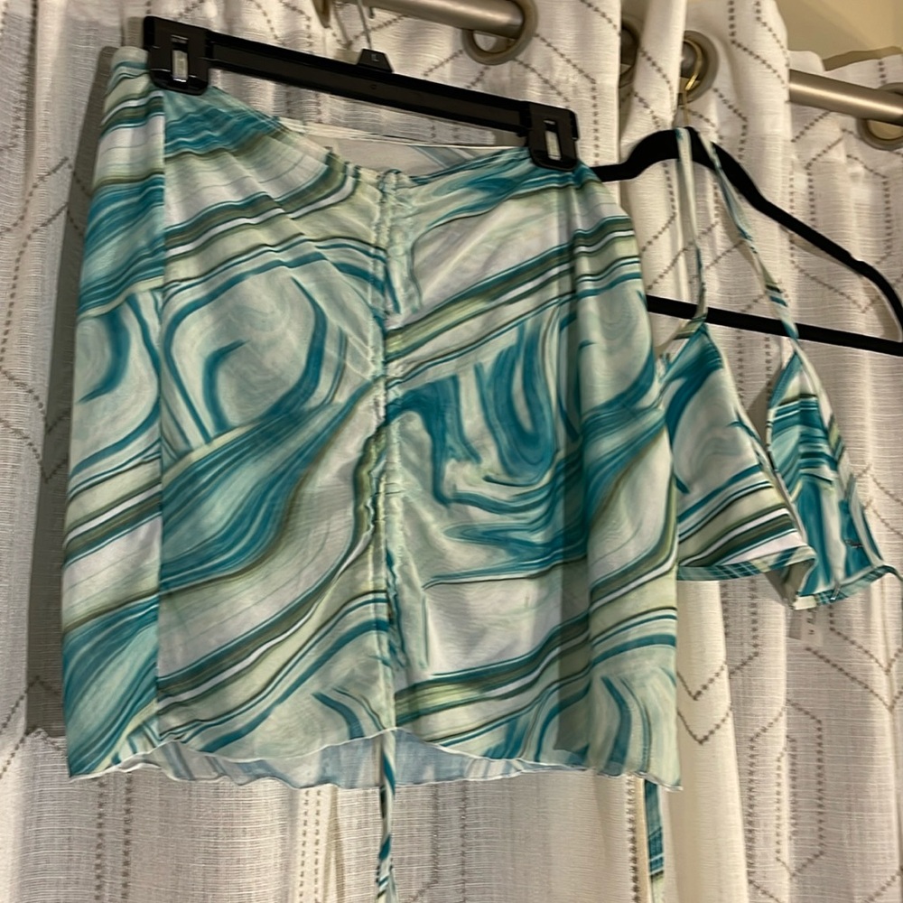 Women’s XL 3pc Green/White Swimsuit Bikini Ruched Coverup WORN 1X NO BREAST PADS